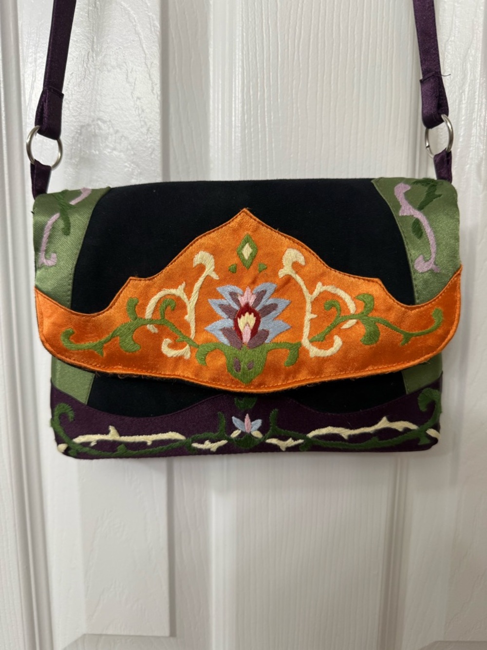 Oovoo Gorgeous Embroidered Crossbody Bag - Black, Orange, Green. Vibrant colors